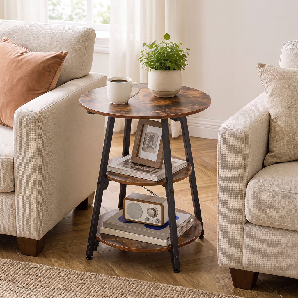 Industrial Side Table with 3-Tier Shelves - Rustic Brown