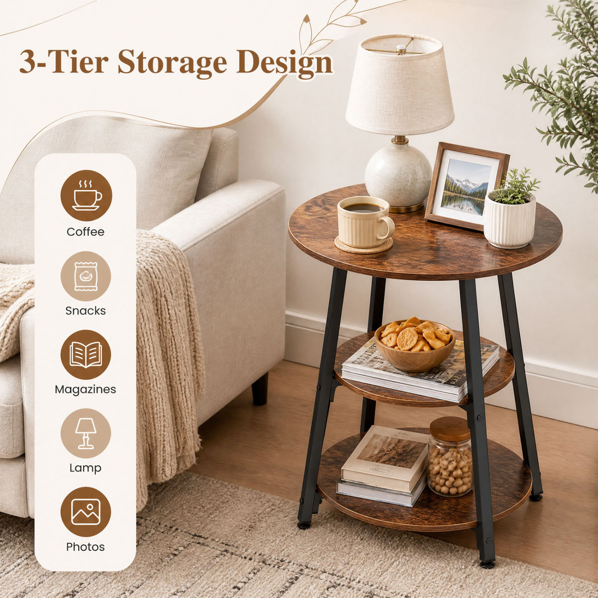 Industrial Side Table with 3-Tier Shelves - Rustic Brown