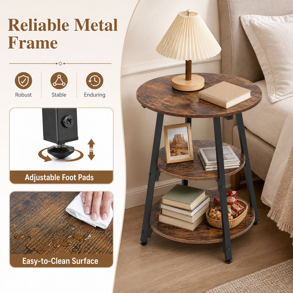 Industrial Side Table with 3-Tier Shelves - Rustic Brown