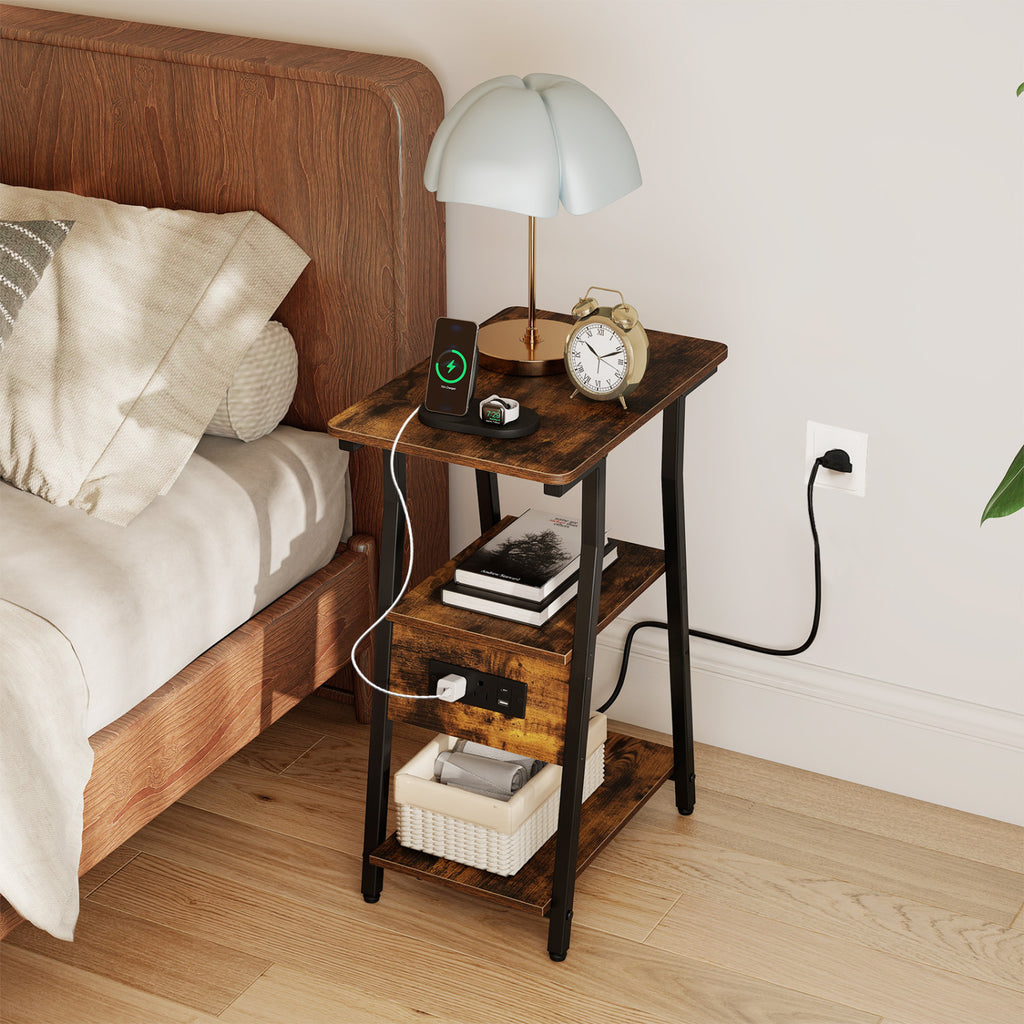 Industrial Side Table with Charging Station & 3-Tier Shelves, Rustic Brown