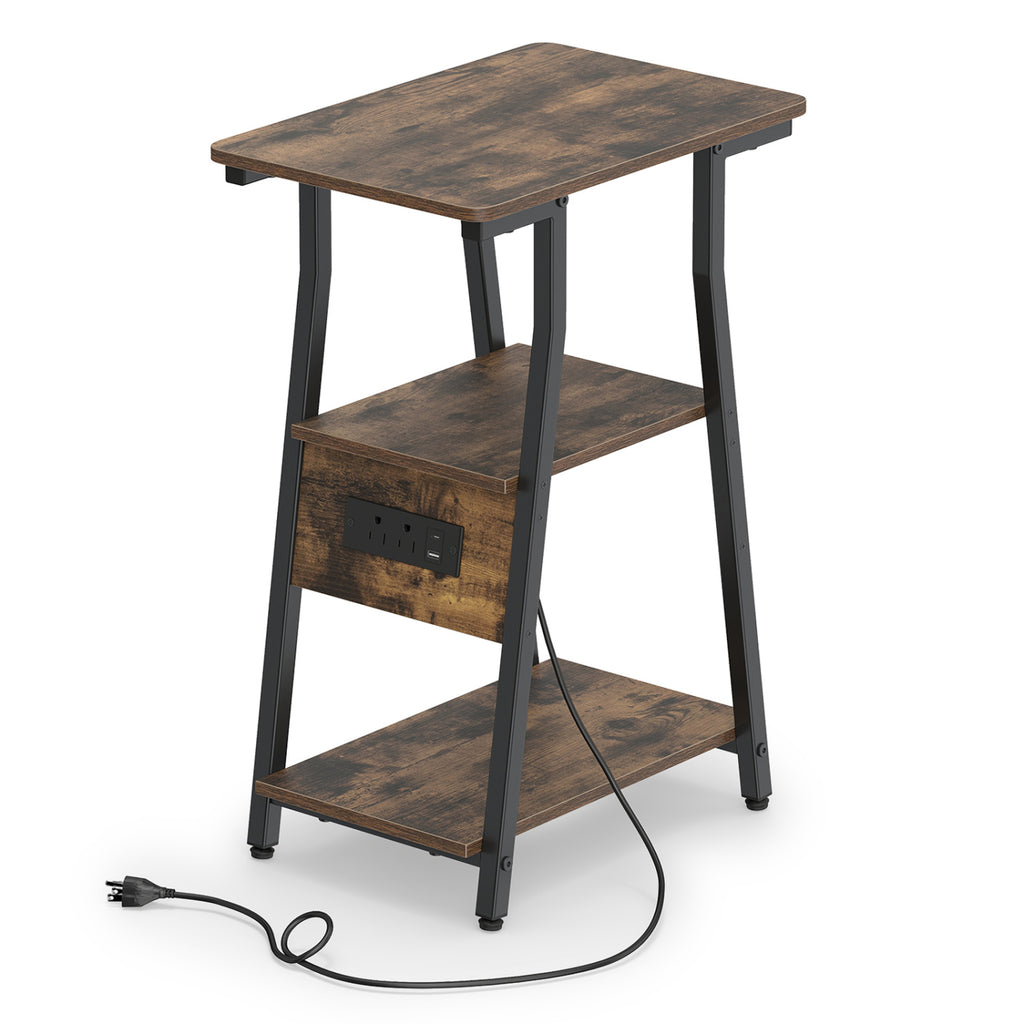 Industrial Side Table with Charging Station & 3-Tier Shelves, Rustic Brown