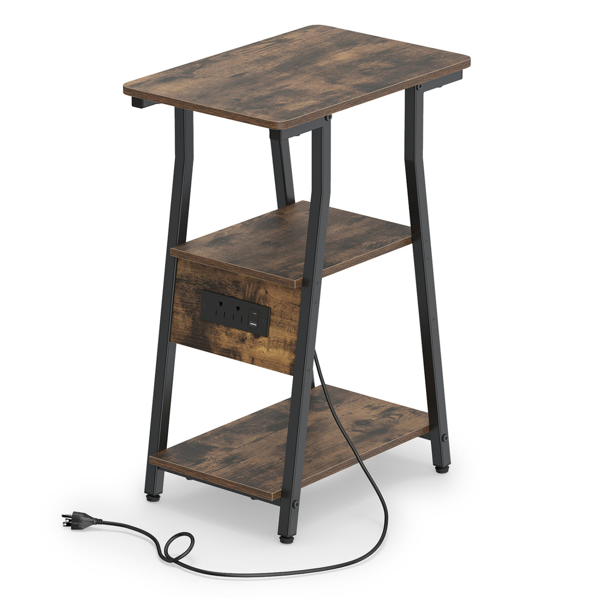 Industrial Side Table with Charging Station & 3-Tier Shelves, Rustic Brown