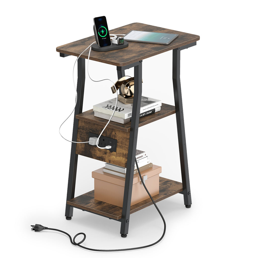 Industrial Side Table with Charging Station & 3-Tier Shelves, Rustic Brown
