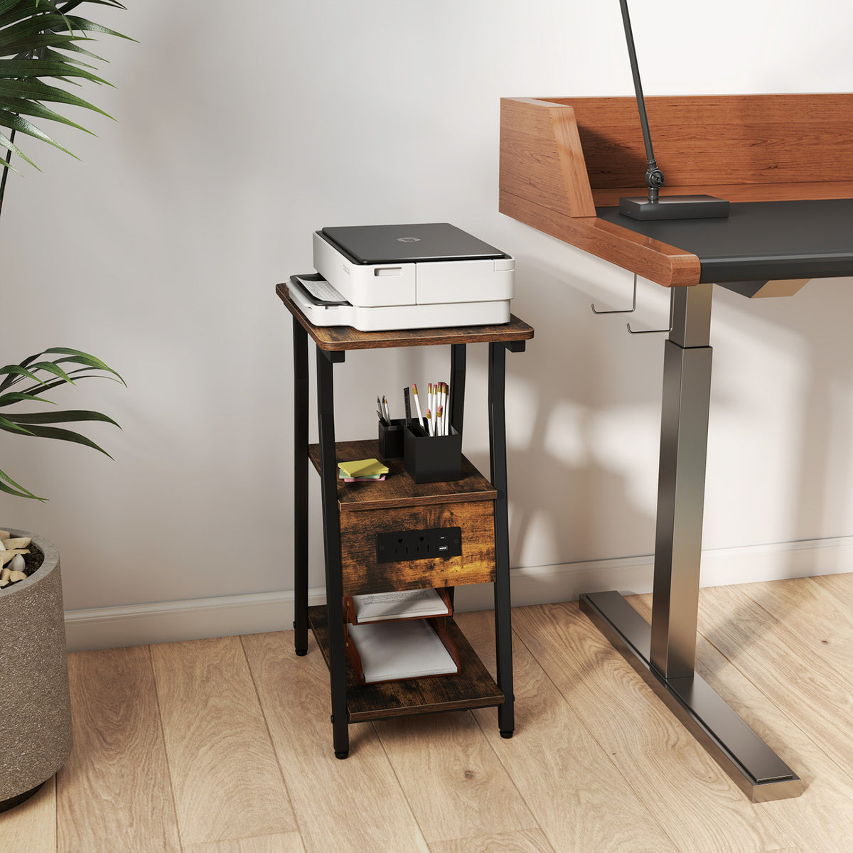 Industrial Side Table with Charging Station & 3-Tier Shelves, Rustic Brown