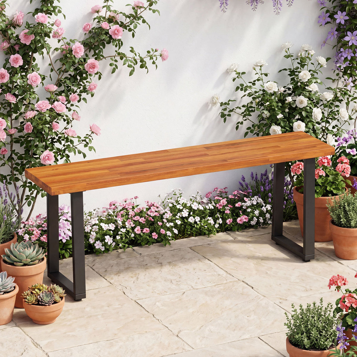 Set of 1 Wood Patio Bench 47.5" Long Dining for Entryway Poolside