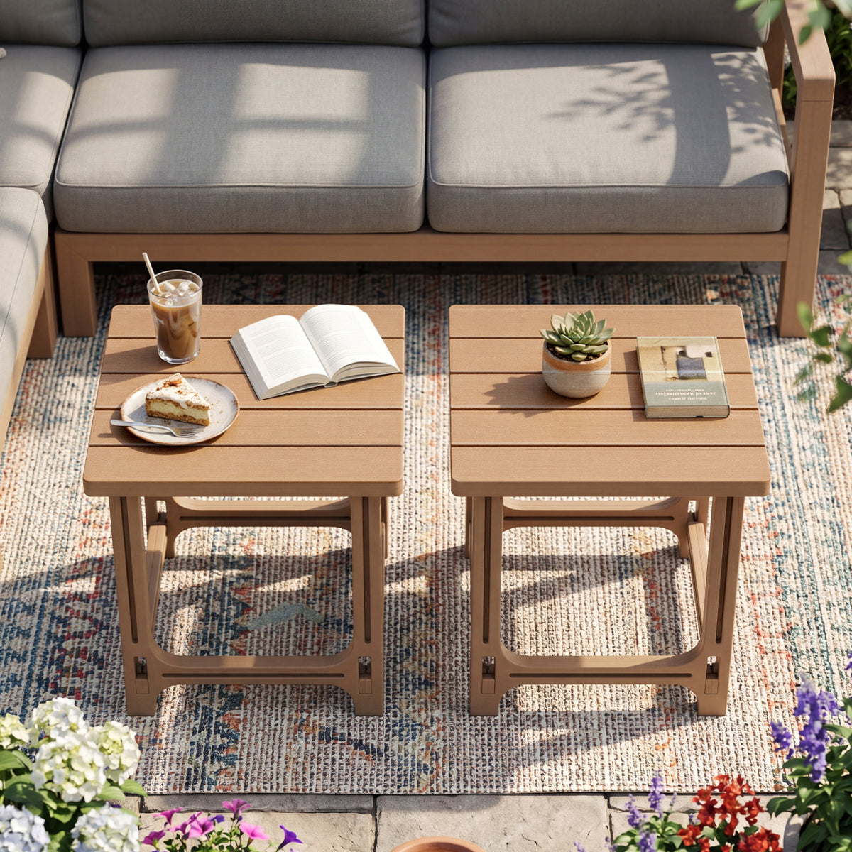 Set of 2 18 Inch Outdoor Adirondack Side Table with Slatted Surface