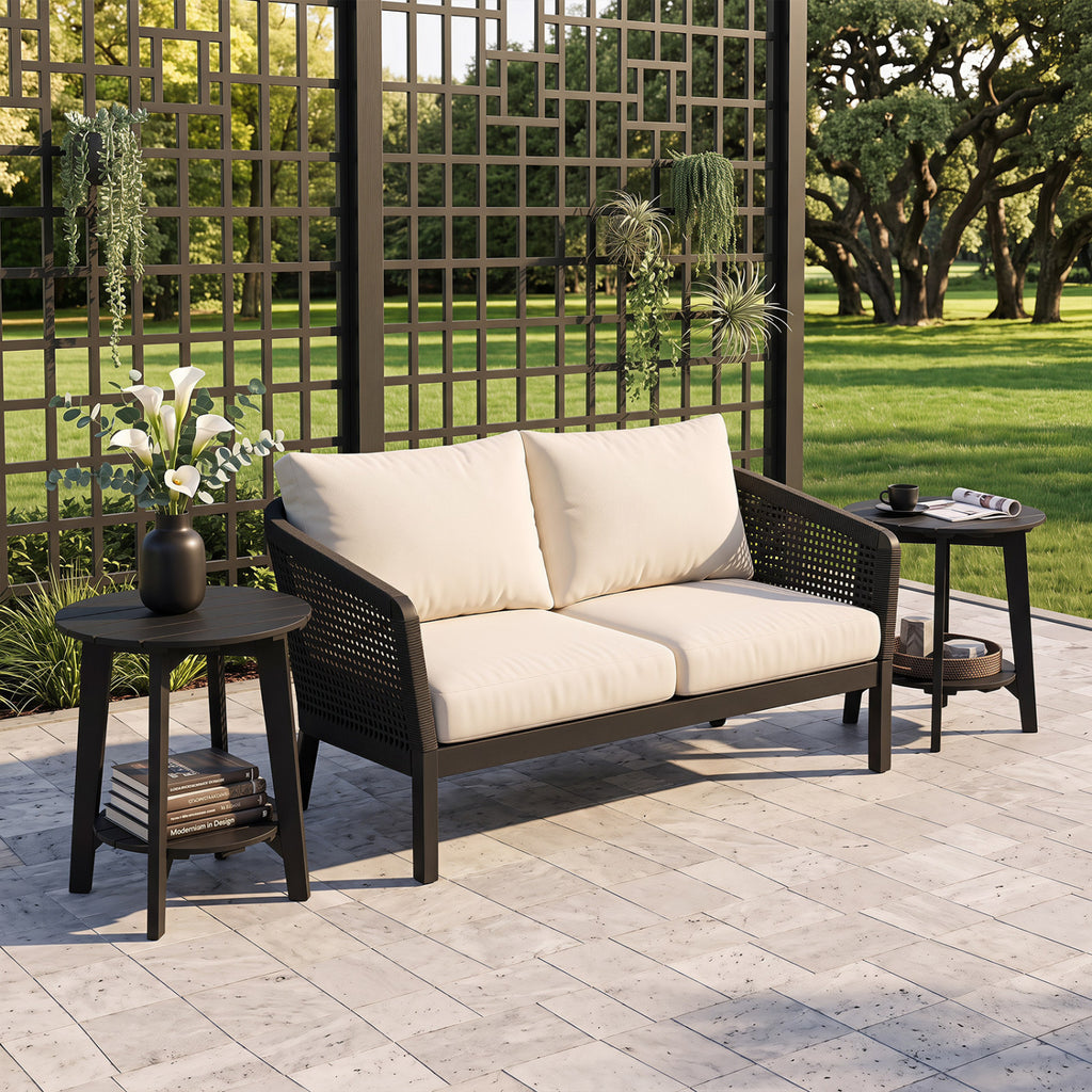Set of 2 2-Tier Outdoor Eucalyptus Wood Side Table with Slatted