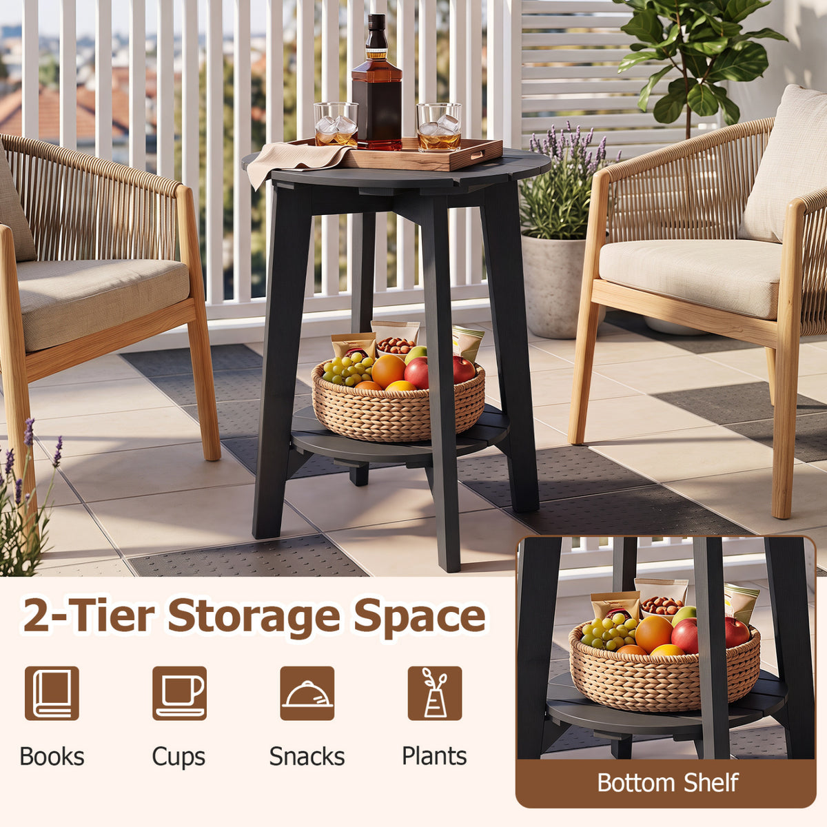 Set of 2 2-Tier Outdoor Eucalyptus Wood Side Table with Slatted