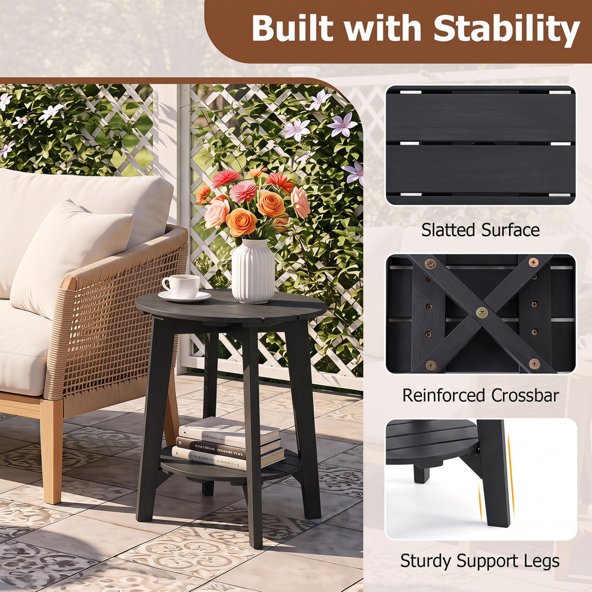 Set of 2 2-Tier Outdoor Eucalyptus Wood Side Table with Slatted