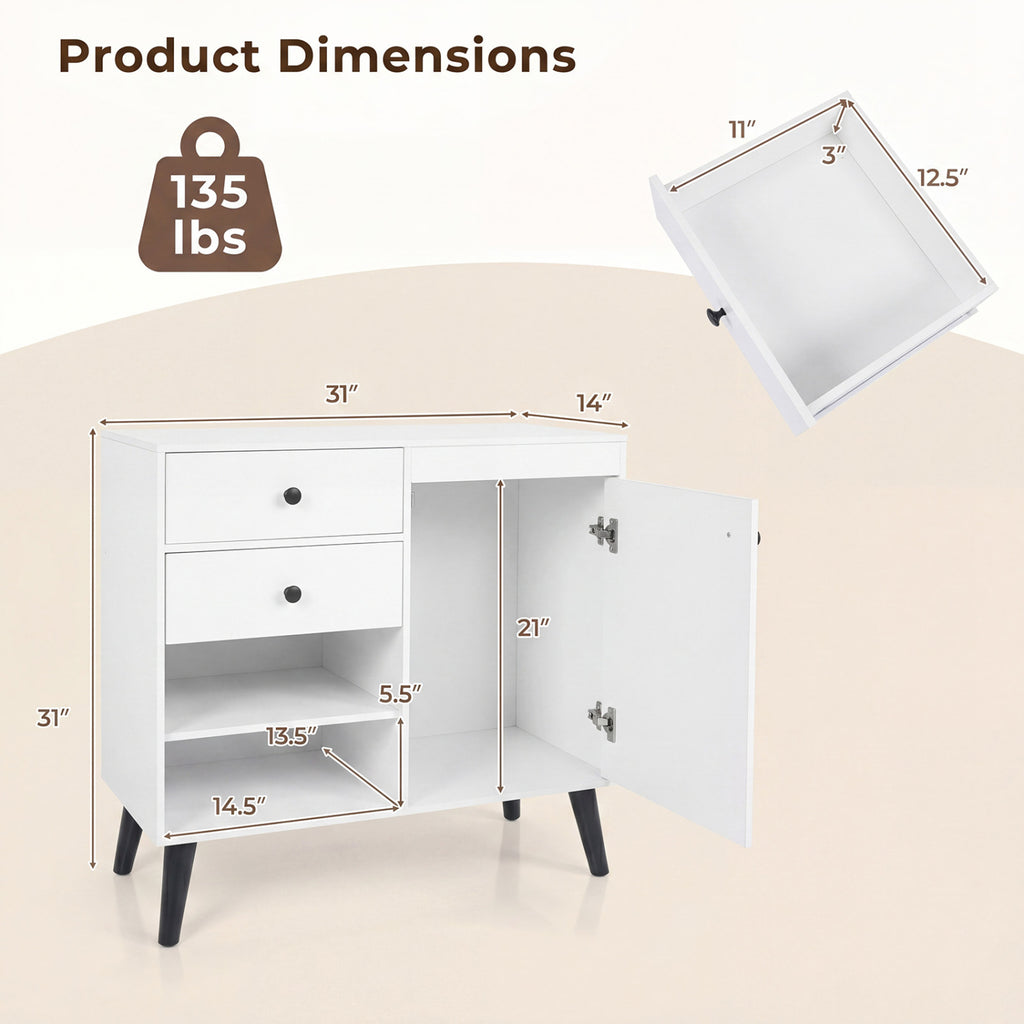 Buffet Cabinet Set of 2 - 31" with 2 Drawers & Open Compartments - White