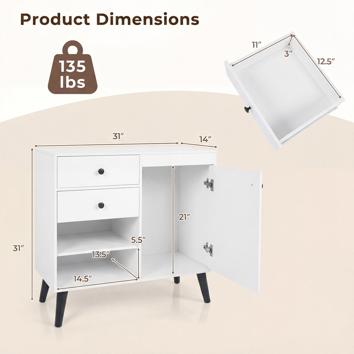 Buffet Cabinet Set of 2 - 31" with 2 Drawers & Open Compartments - White
