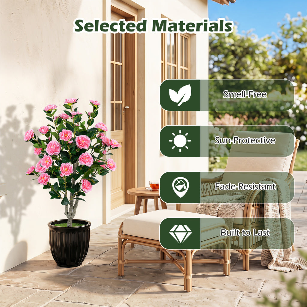 Artificial Camellia Tree Set of 2 39.5 Inch with Orange Blossoms in Cement Pot - Outdoor Decor