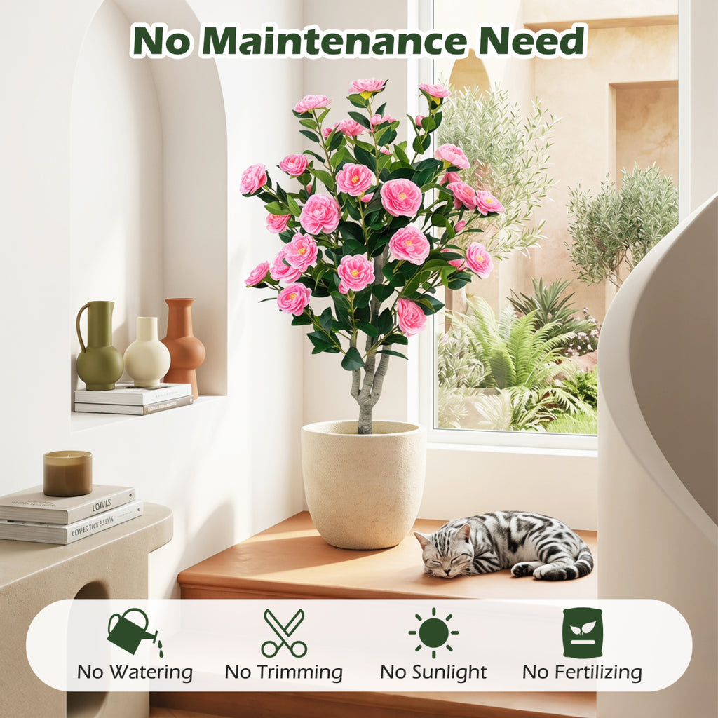 Artificial Camellia Tree Set of 2 39.5 Inch with Orange Blossoms in Cement Pot - Outdoor Decor