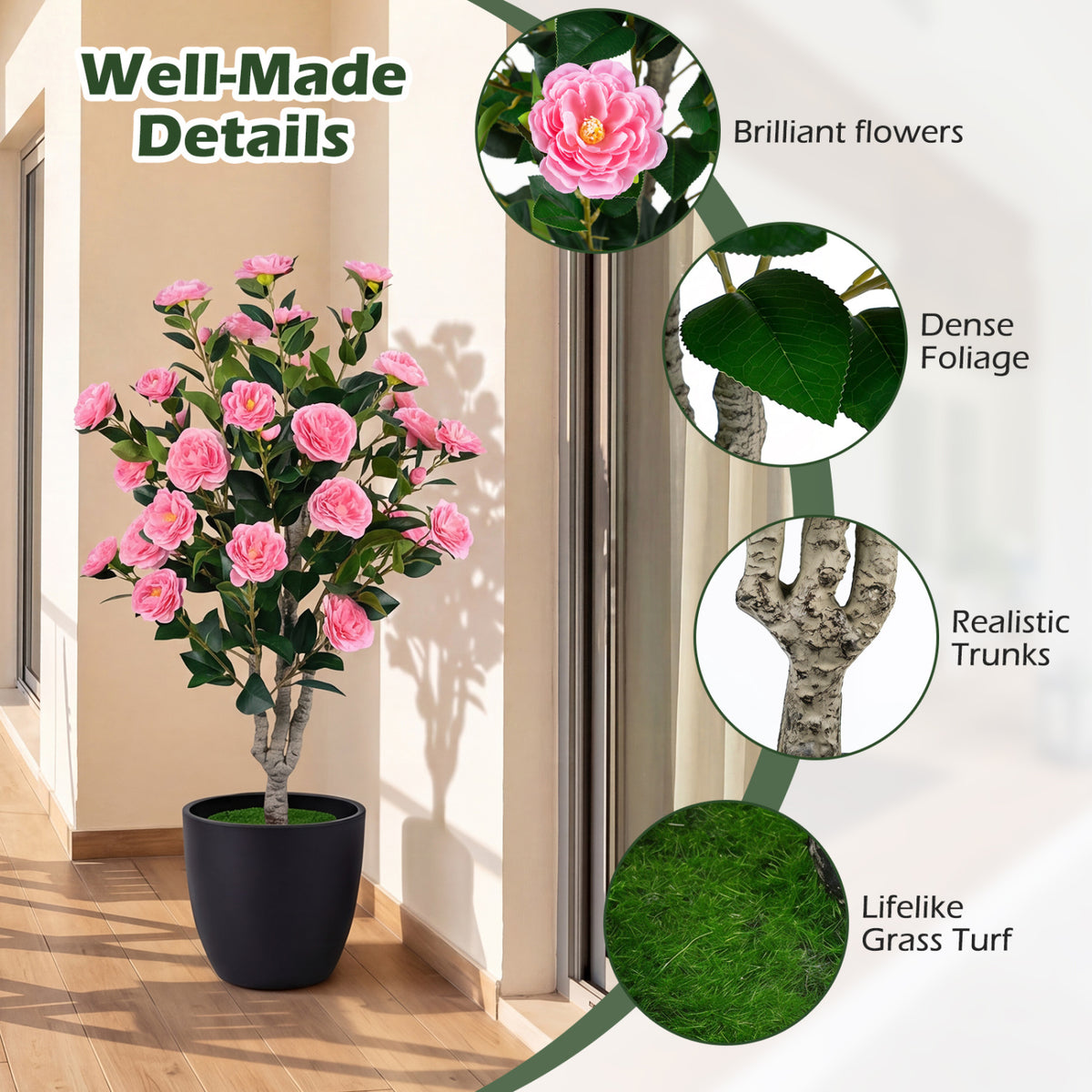 Artificial Camellia Tree Set of 2 39.5 Inch with Orange Blossoms in Cement Pot - Outdoor Decor