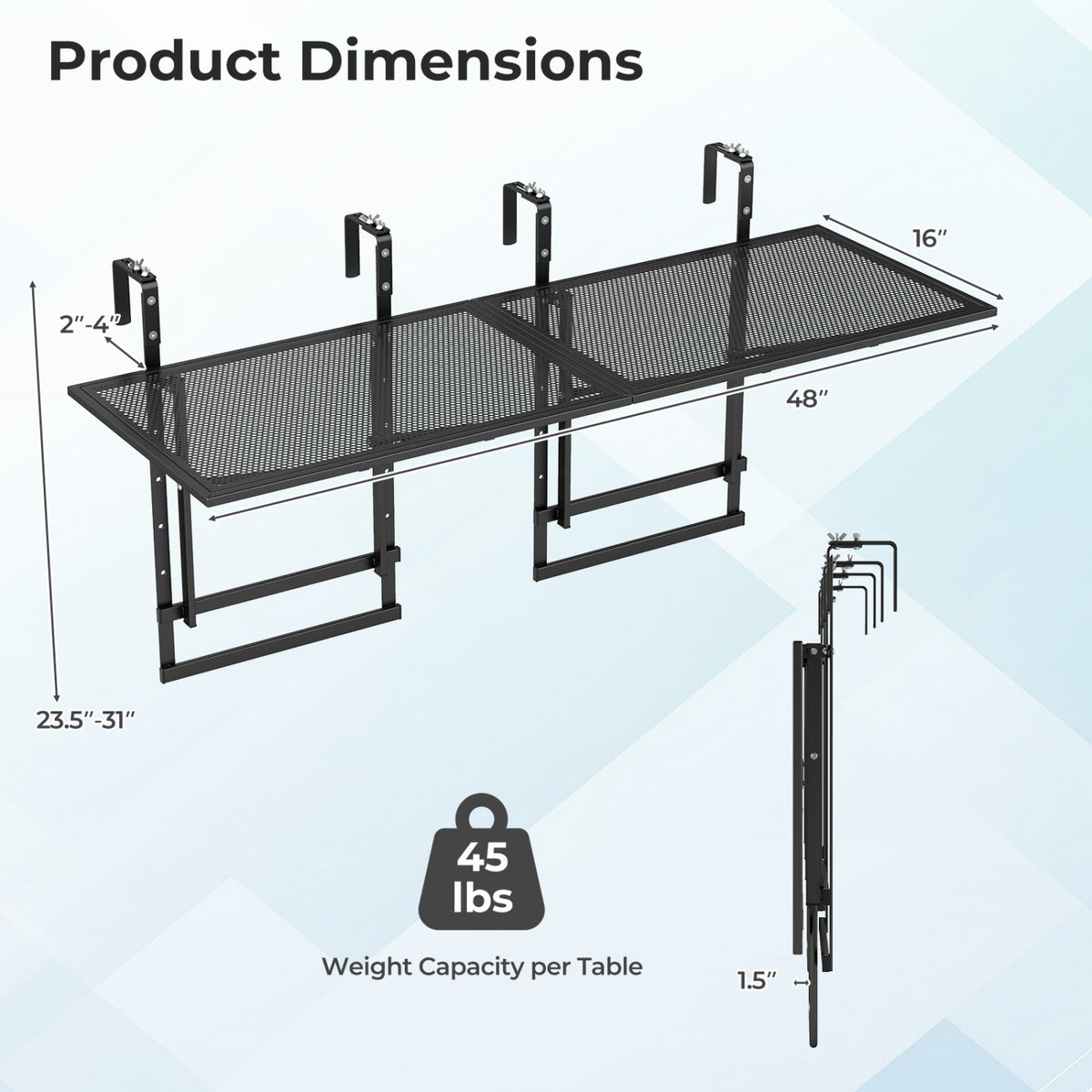 Set of 2 48" Balcony Railing Table with 5-Level Adjustable Height for