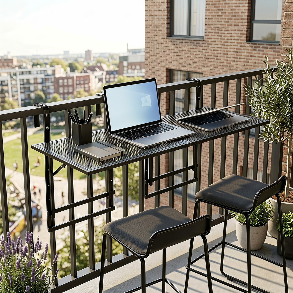 Set of 2 48" Balcony Railing Table with 5-Level Adjustable Height for