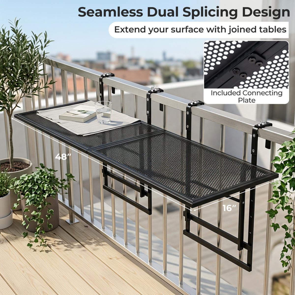 Set of 2 48" Balcony Railing Table with 5-Level Adjustable Height for