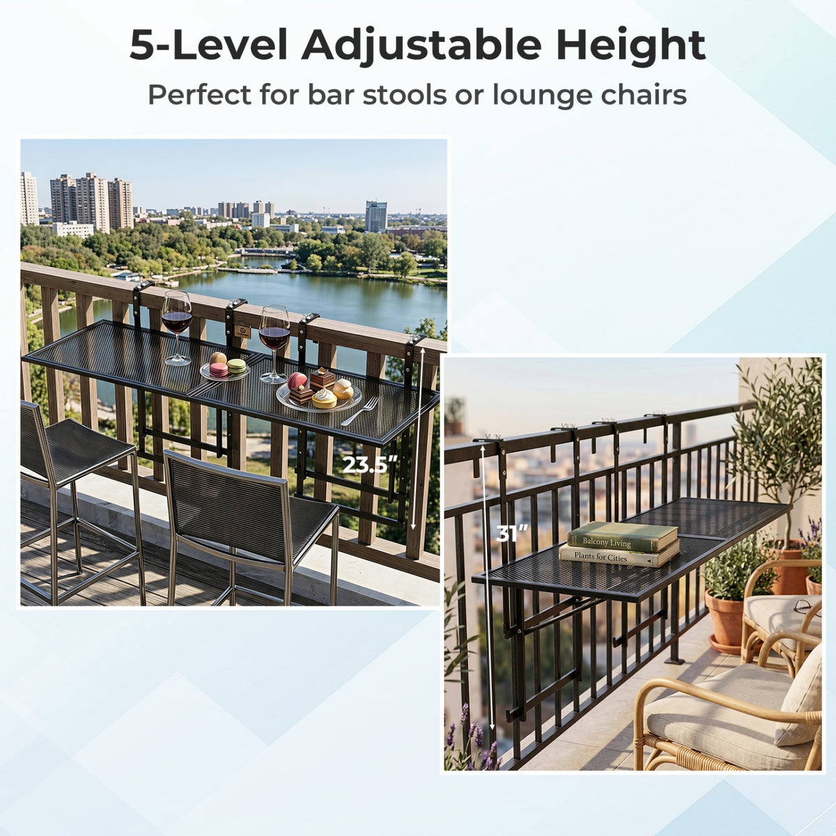 Set of 2 48" Balcony Railing Table with 5-Level Adjustable Height for