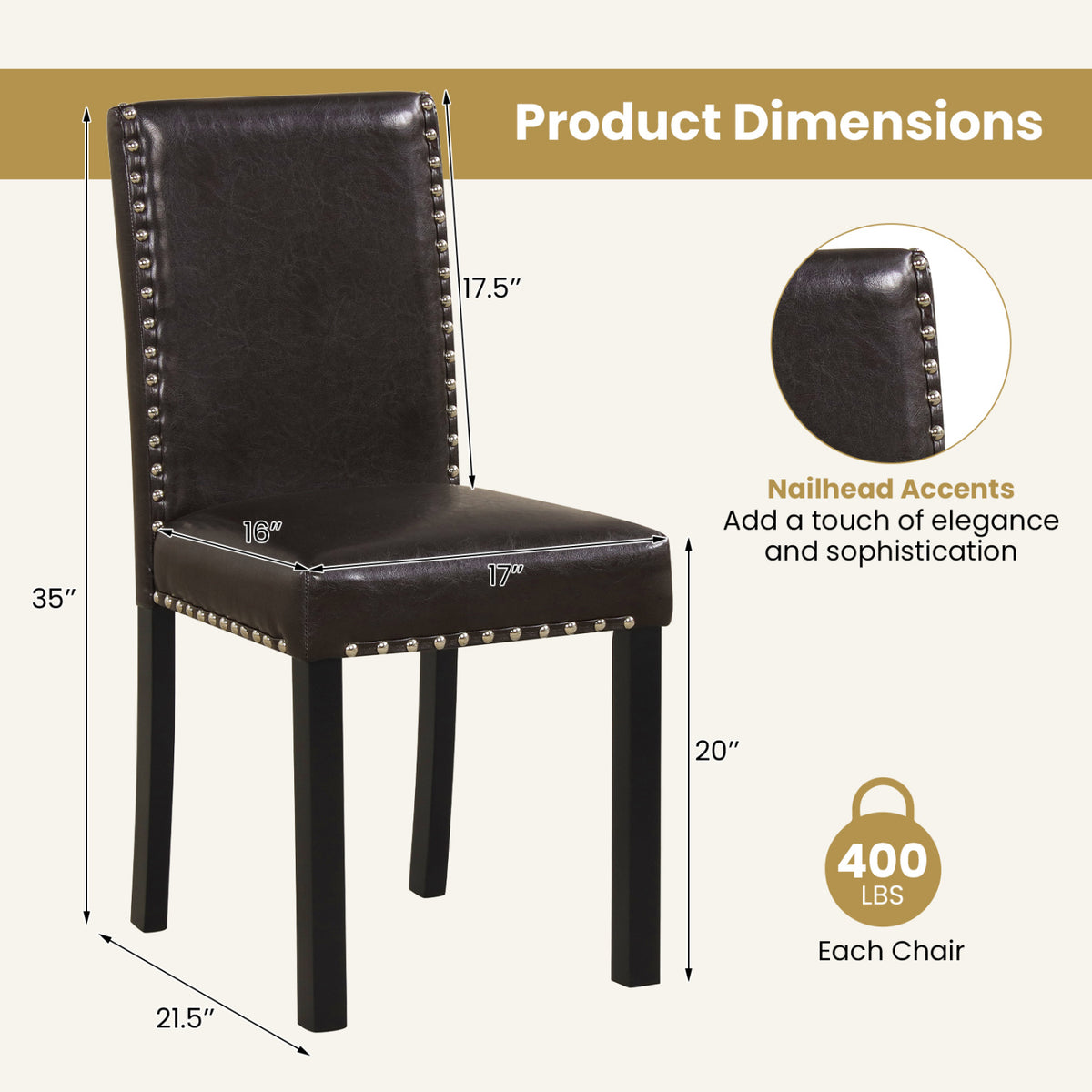 Dining Chairs Set of 2 - Faux Leather Upholstered, Nailhead