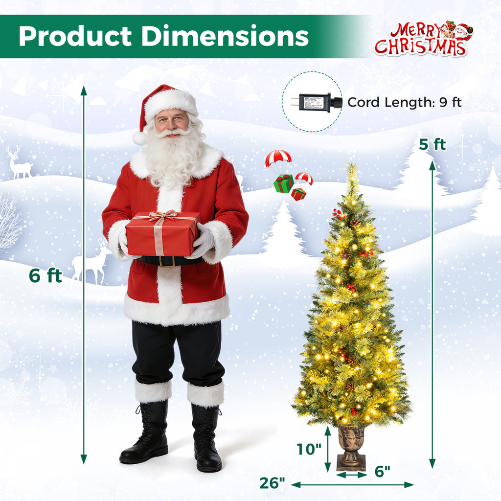 Set of 2 5Ft LED Christmas Trees with Red Berries Pine Cones & Tips