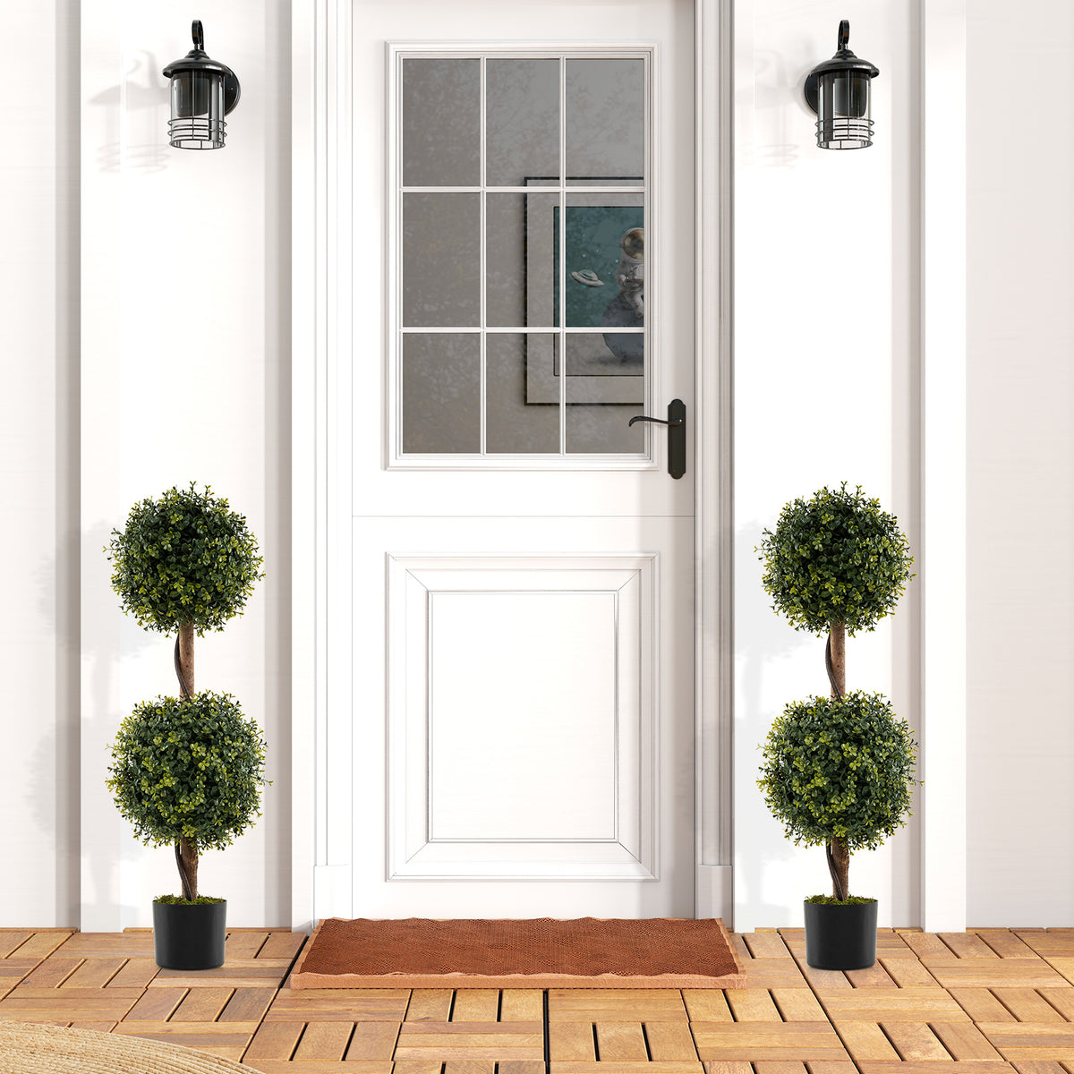 Artificial Double Topiary Ball Trees Set of 2 - Lifelike Indoor & Outdoor Decor
