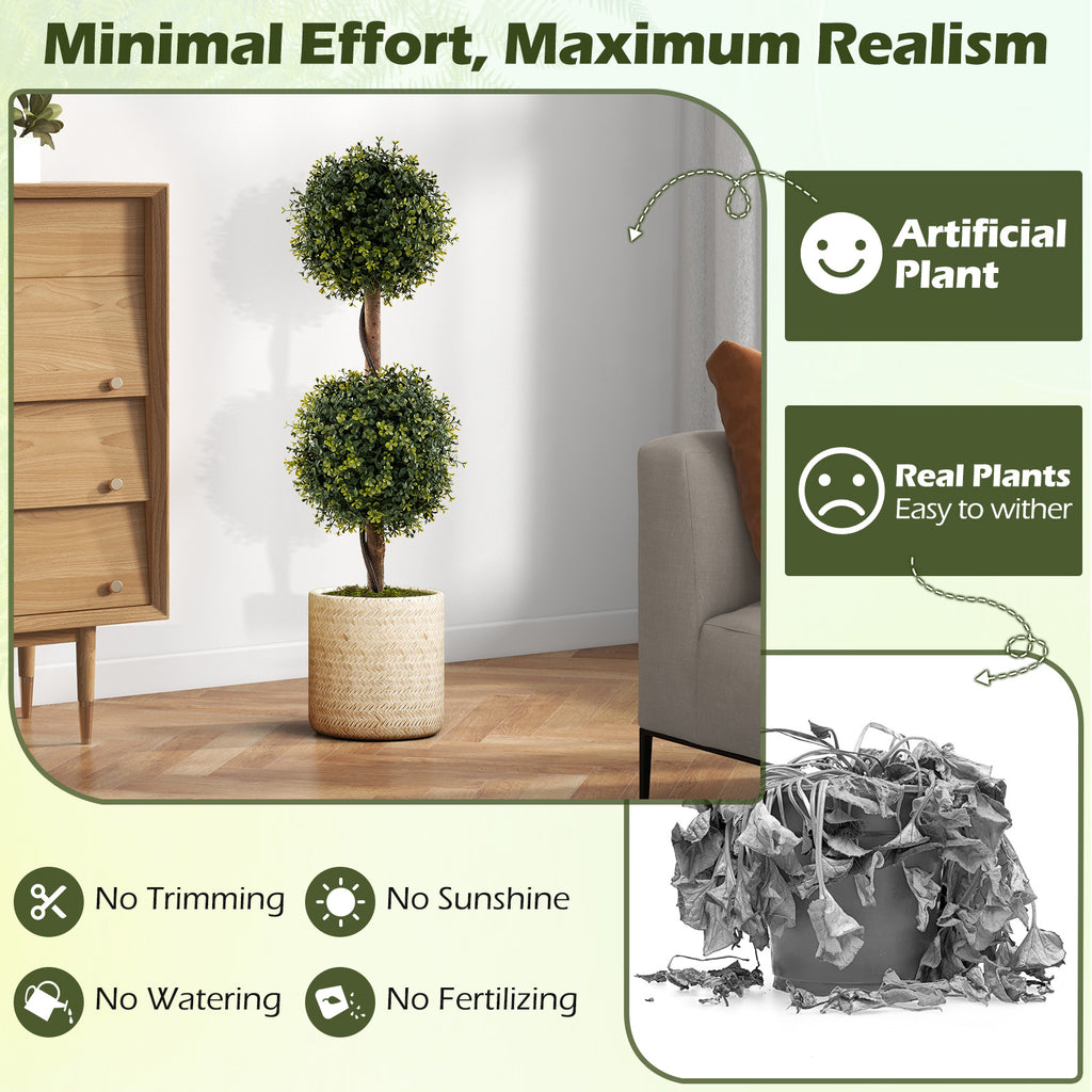 Artificial Double Topiary Ball Trees Set of 2 - Lifelike Indoor & Outdoor Decor
