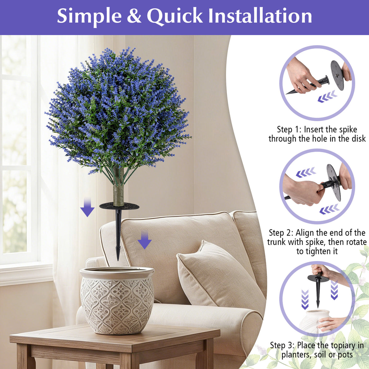 Artificial Lavender Topiary Ball Trees Set of 2 with Ground Spikes - Costway
