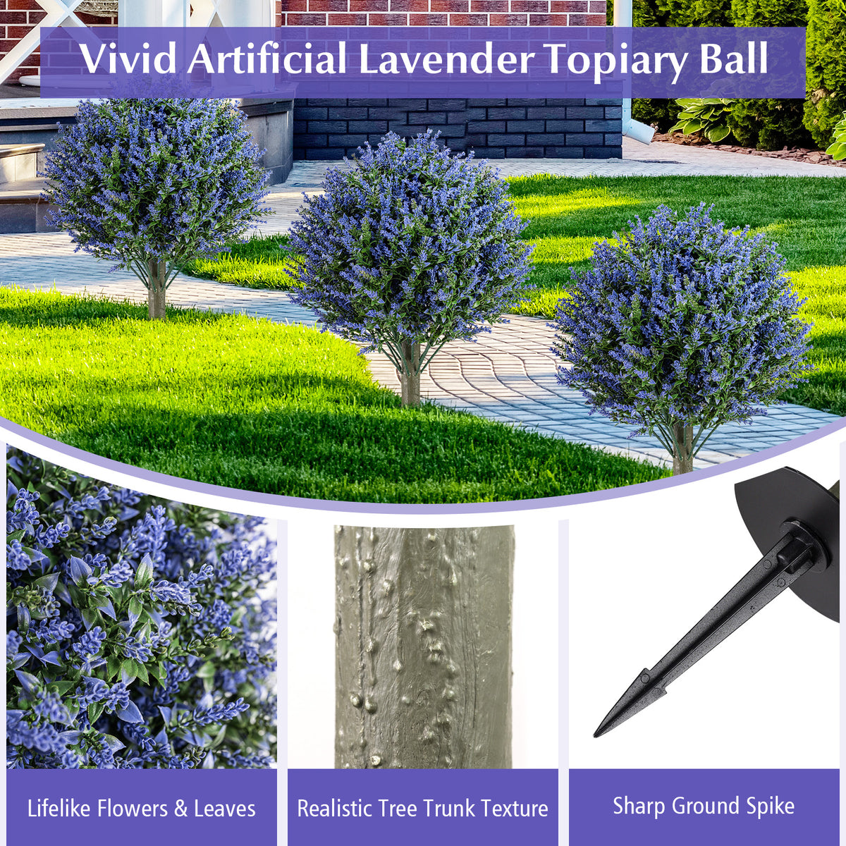 Artificial Lavender Topiary Ball Trees Set of 2 with Ground Spikes - Costway