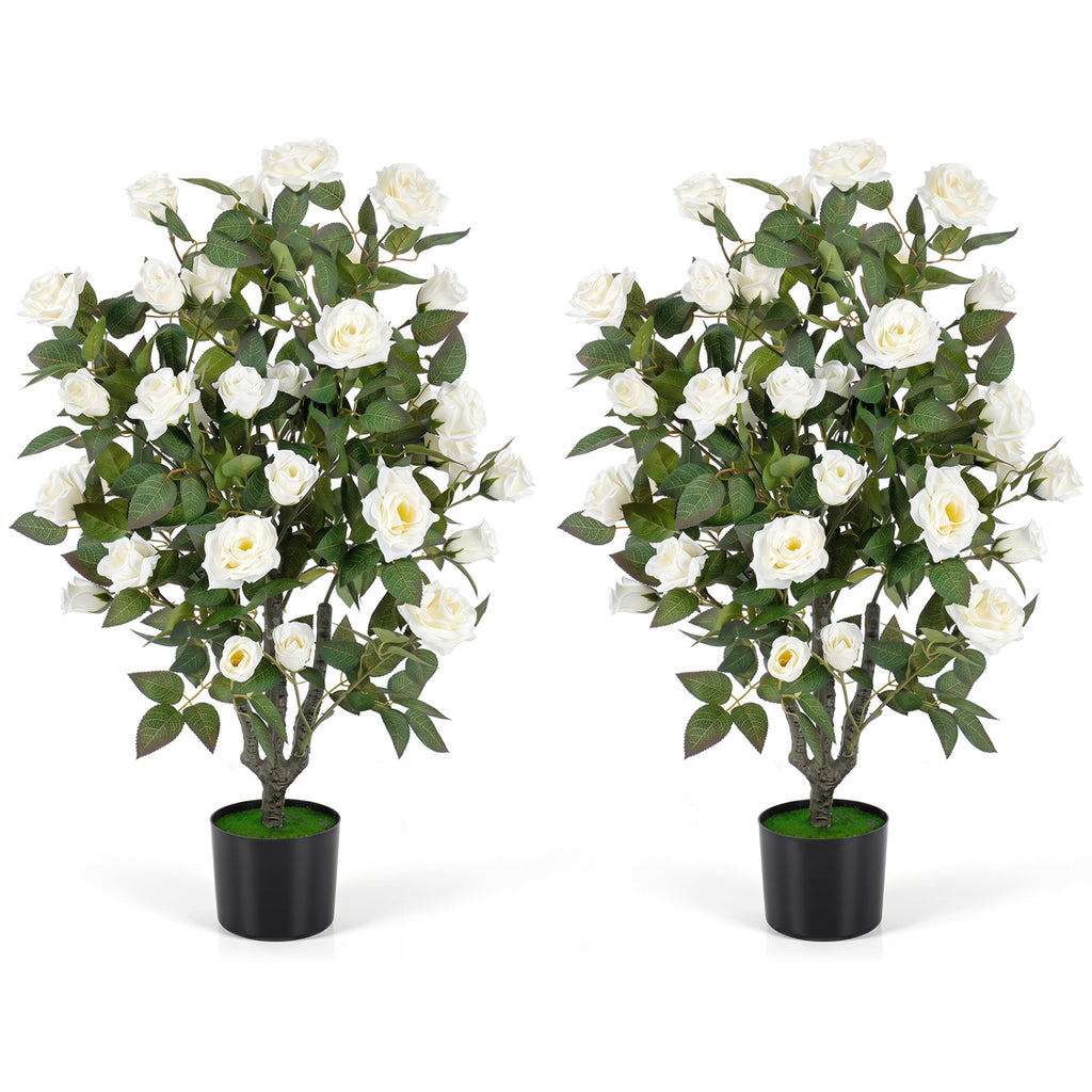 35.5-Inch Set of 2 Artificial Rose Trees with Blooming Flowers and Green Leaves - White, Indoor Decor