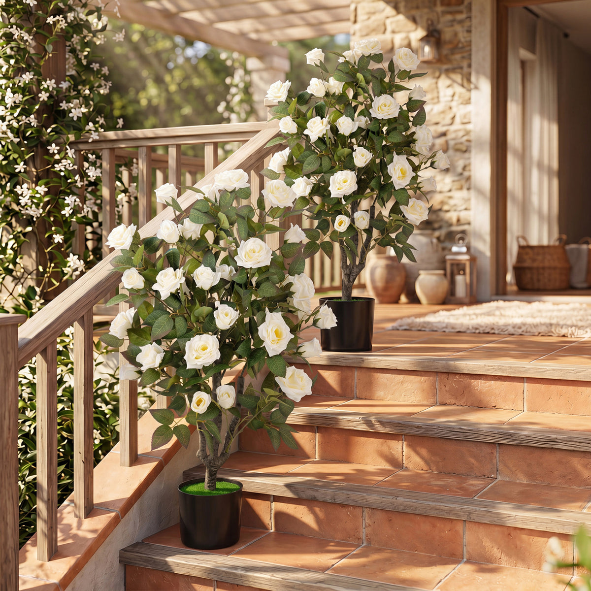 35.5-Inch Set of 2 Artificial Rose Trees with Blooming Flowers and Green Leaves - White, Indoor Decor