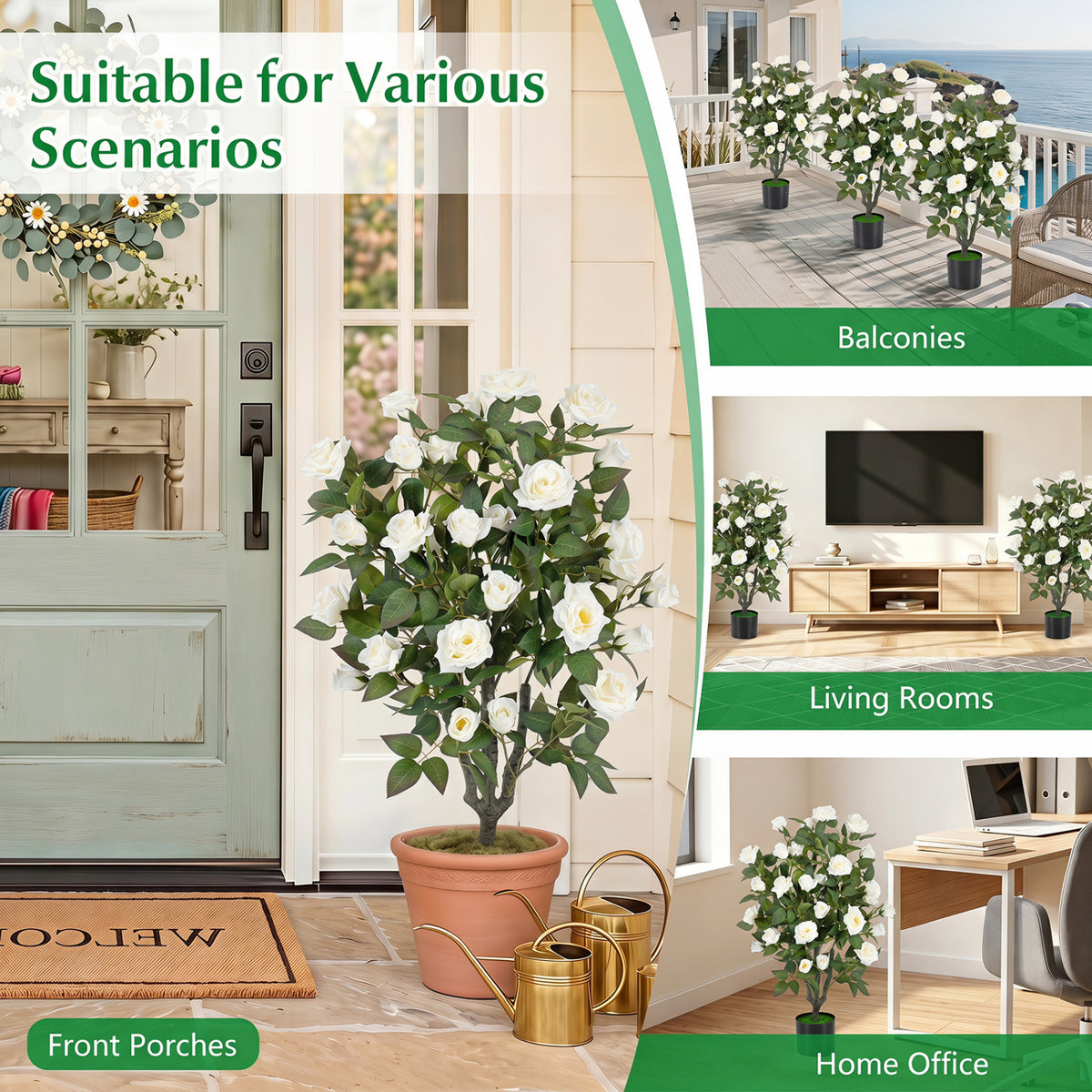 35.5-Inch Set of 2 Artificial Rose Trees with Blooming Flowers and Green Leaves - White, Indoor Decor