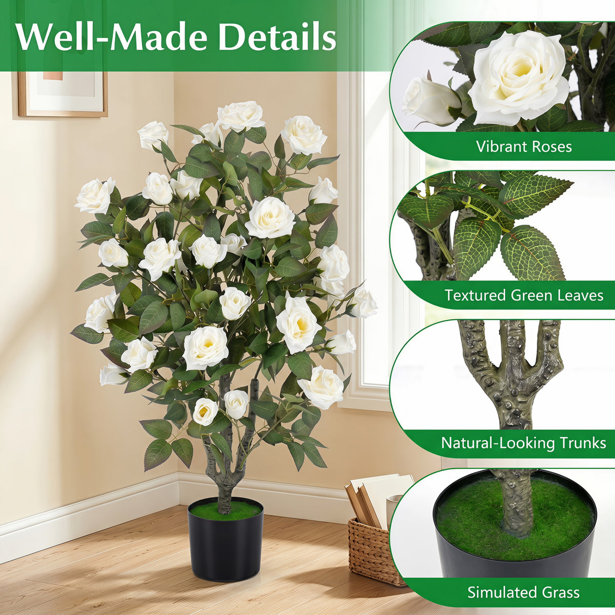 35.5-Inch Set of 2 Artificial Rose Trees with Blooming Flowers and Green Leaves - White, Indoor Decor