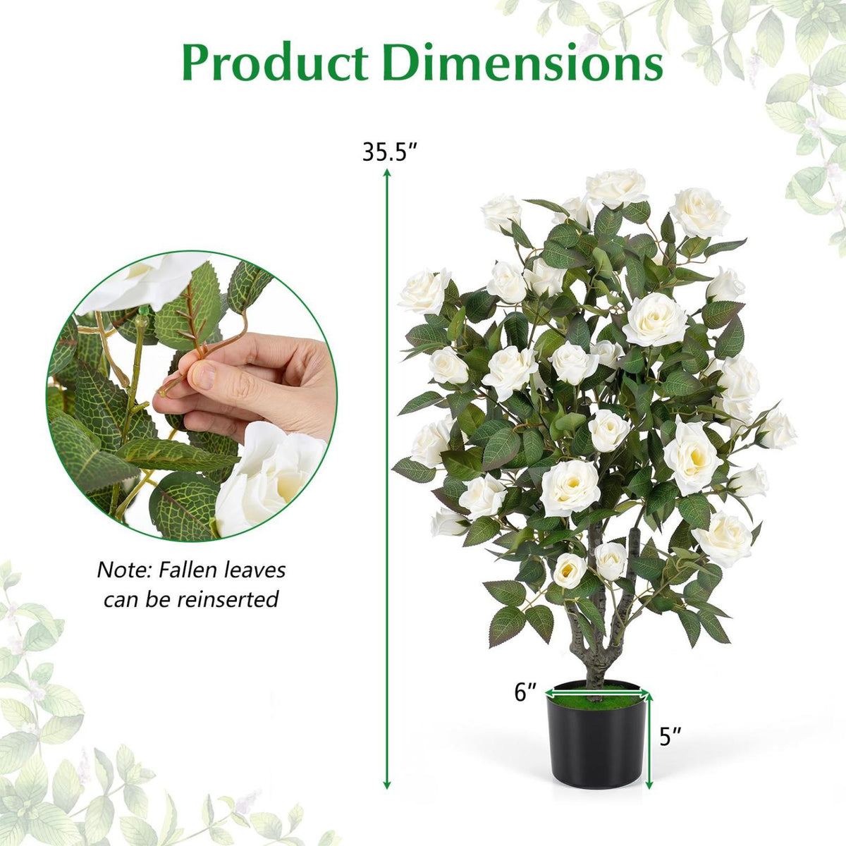 35.5-Inch Set of 2 Artificial Rose Trees with Blooming Flowers and Green Leaves - White, Indoor Decor