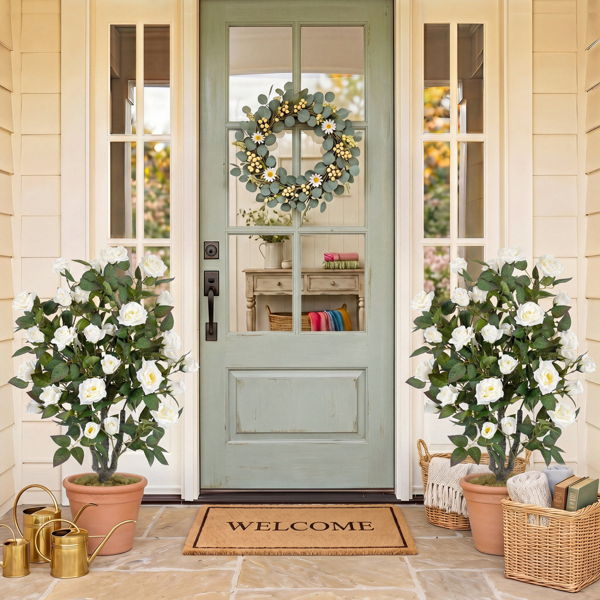 35.5-Inch Set of 2 Artificial Rose Trees with Blooming Flowers and Green Leaves - White, Indoor Decor