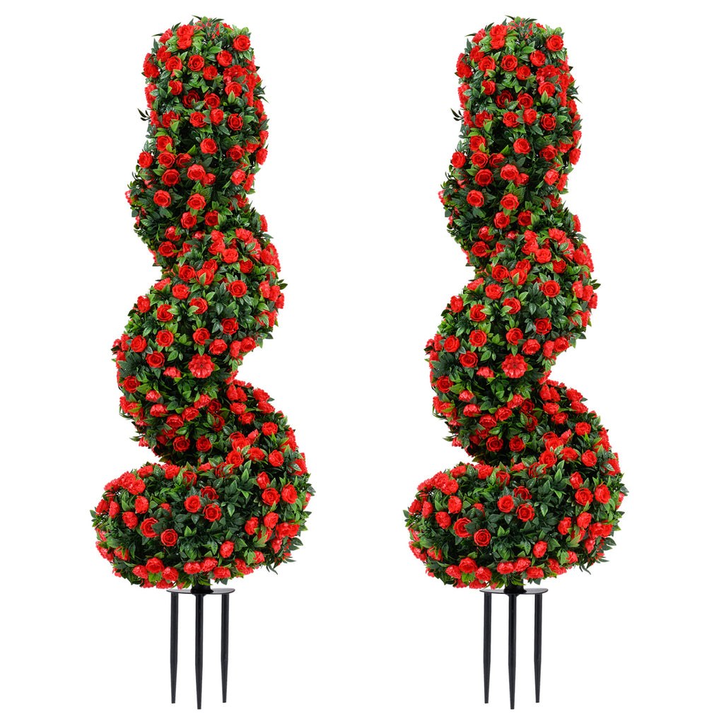 Artificial Spiral Topiary Trees Set of 2 with Sun Protection & Ground Spikes - Red Variation