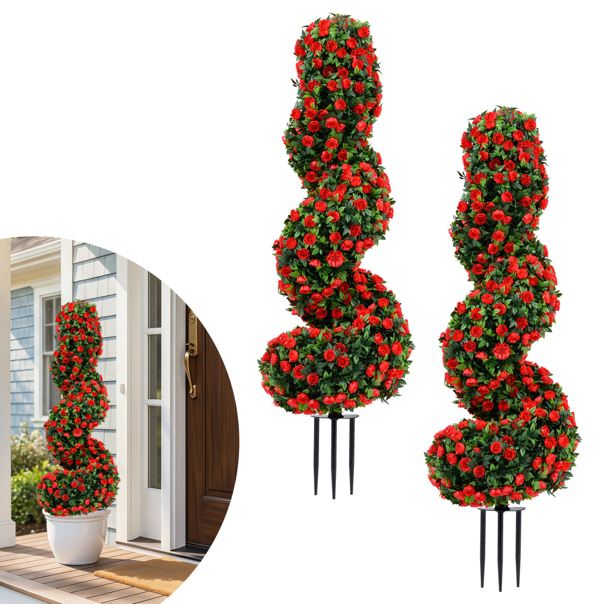 Artificial Spiral Topiary Trees Set of 2 with Sun Protection & Ground Spikes - Red Variation