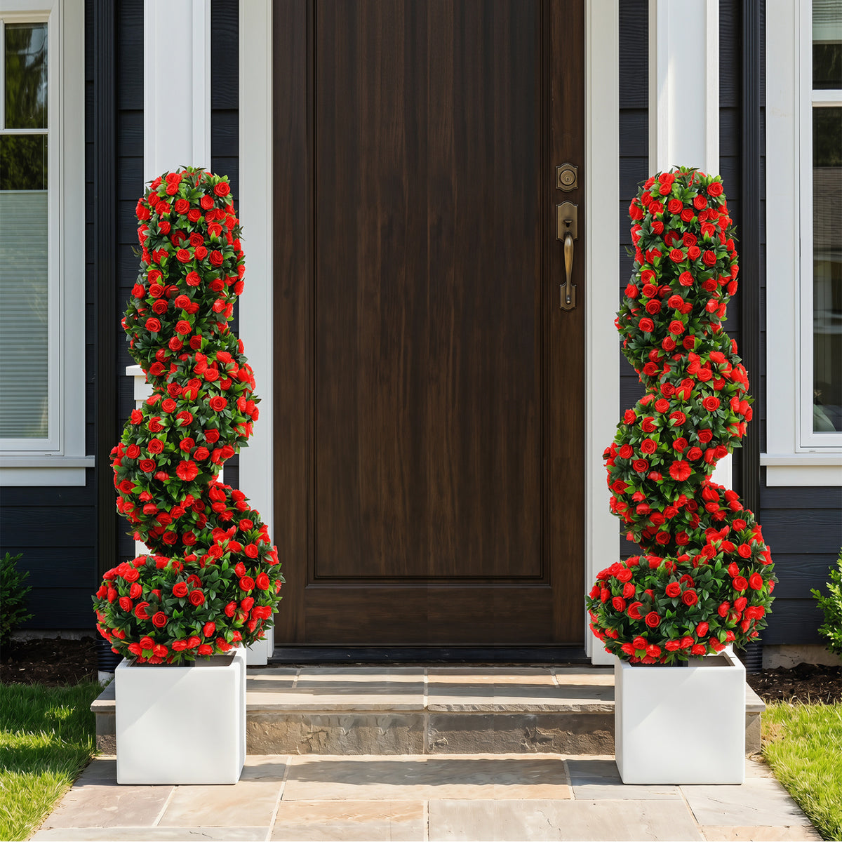 Artificial Spiral Topiary Trees Set of 2 with Sun Protection & Ground Spikes - Red Variation