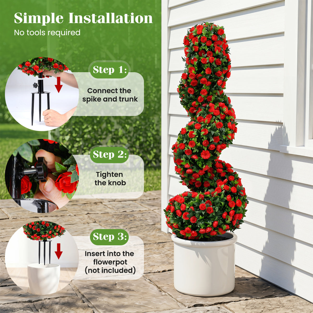 Artificial Spiral Topiary Trees Set of 2 with Sun Protection & Ground Spikes - Red Variation