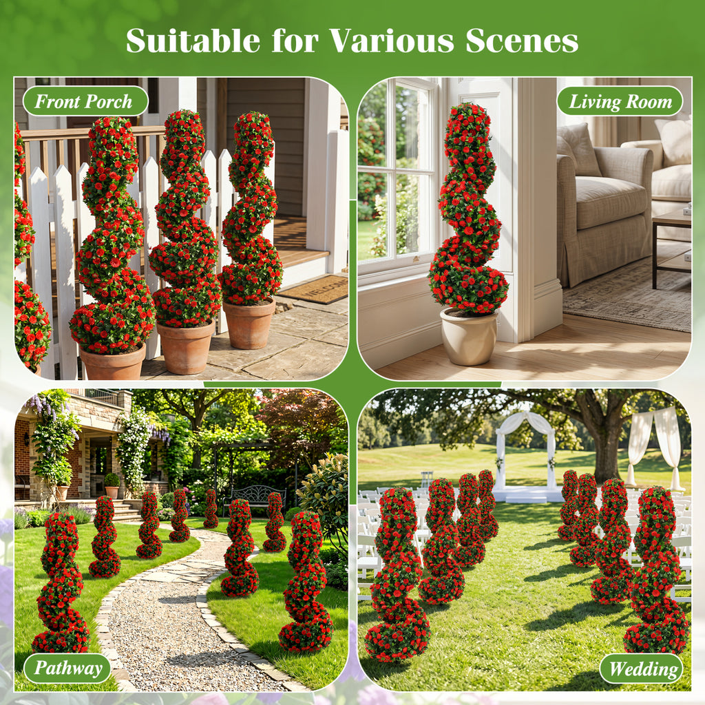 Artificial Spiral Topiary Trees Set of 2 with Sun Protection & Ground Spikes - Red Variation