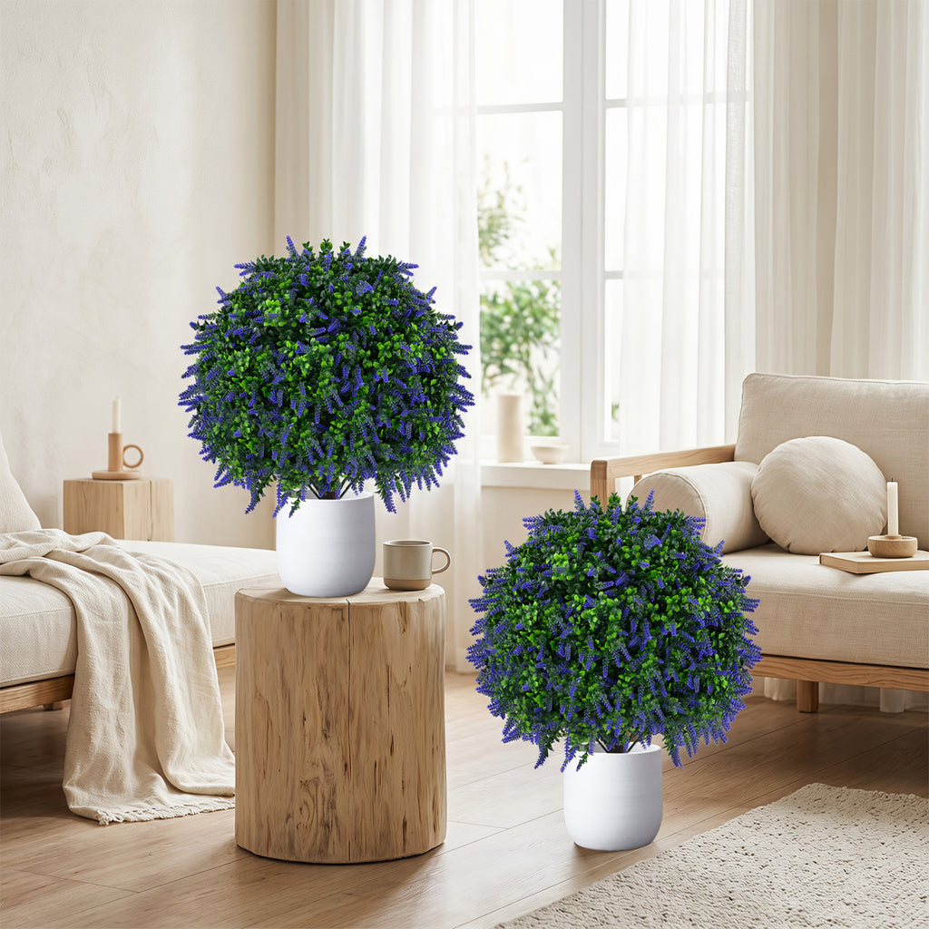 Artificial Lavender Topiary Ball Trees - 22 Inch Faux Potted Plants, Purple, Set of 2