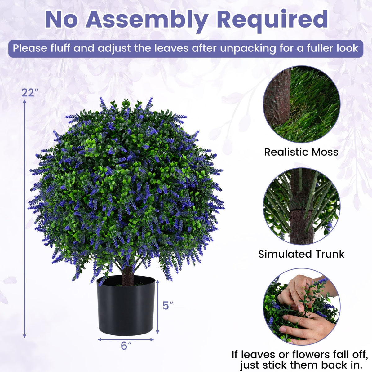 Artificial Lavender Topiary Ball Trees - 22 Inch Faux Potted Plants, Purple, Set of 2