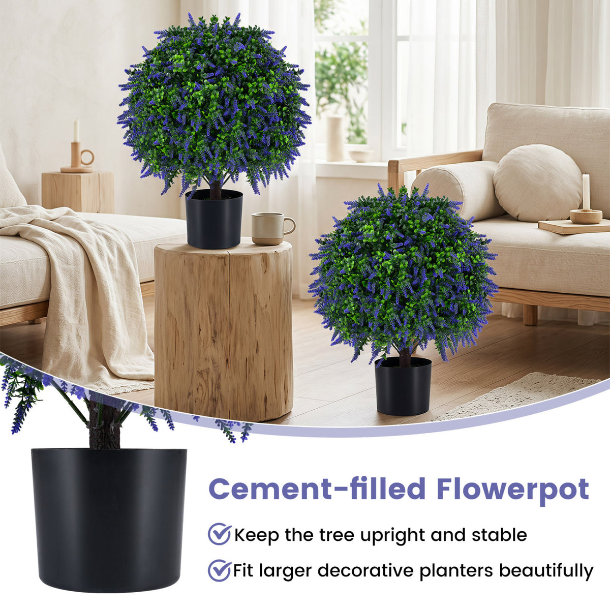 Artificial Lavender Topiary Ball Trees - 22 Inch Faux Potted Plants, Purple, Set of 2