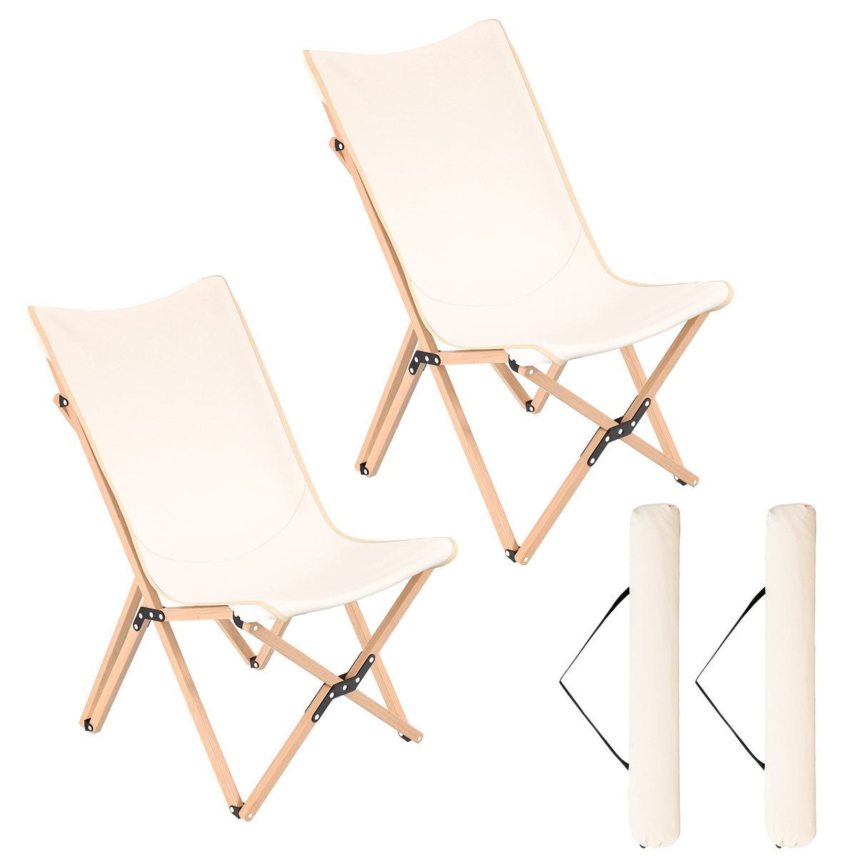Set of 2 Bamboo Dorm Chair with Storage Pocket for Camping and Fishing