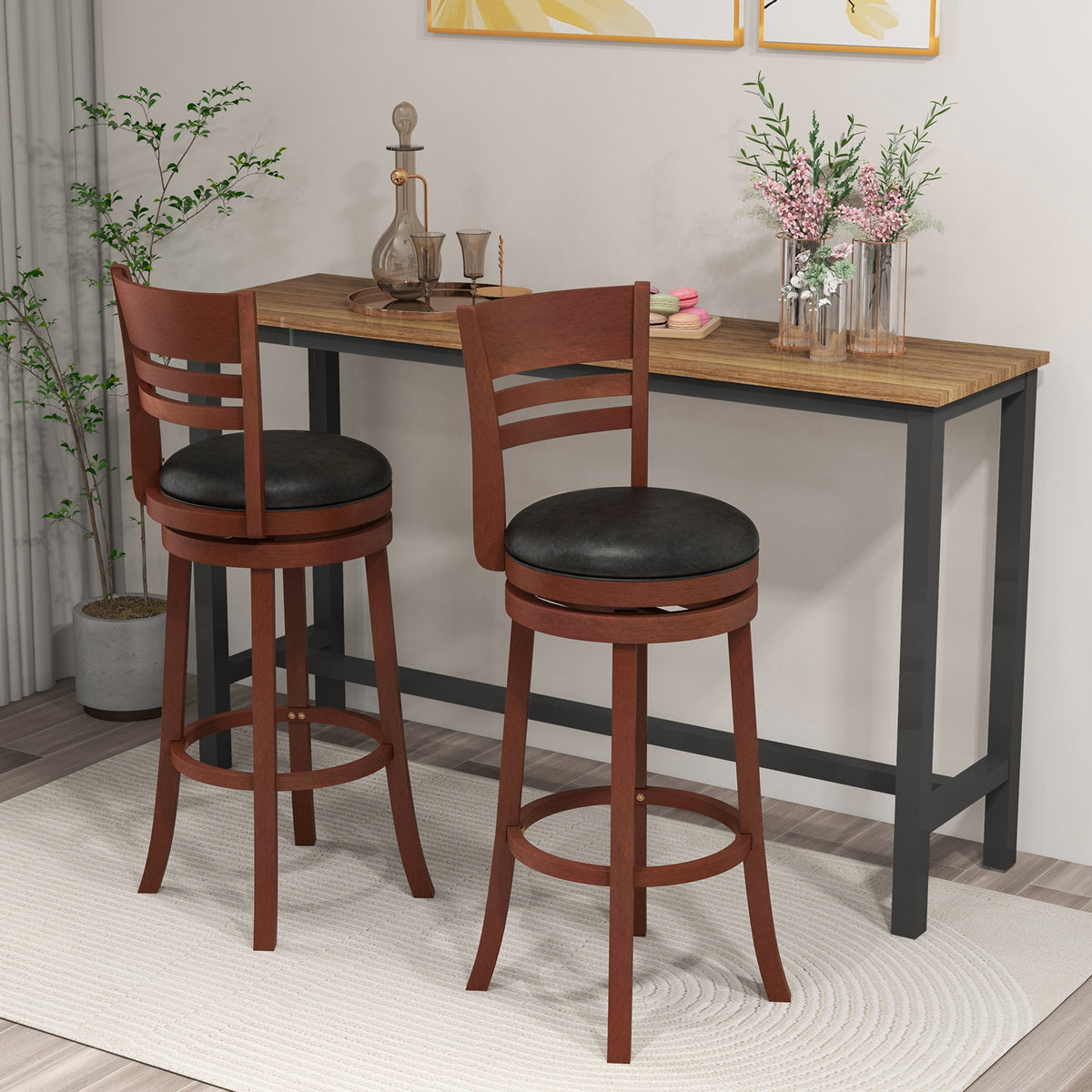 Set of 2 360° Bar Stools with PU Upholstered Seats - Brown