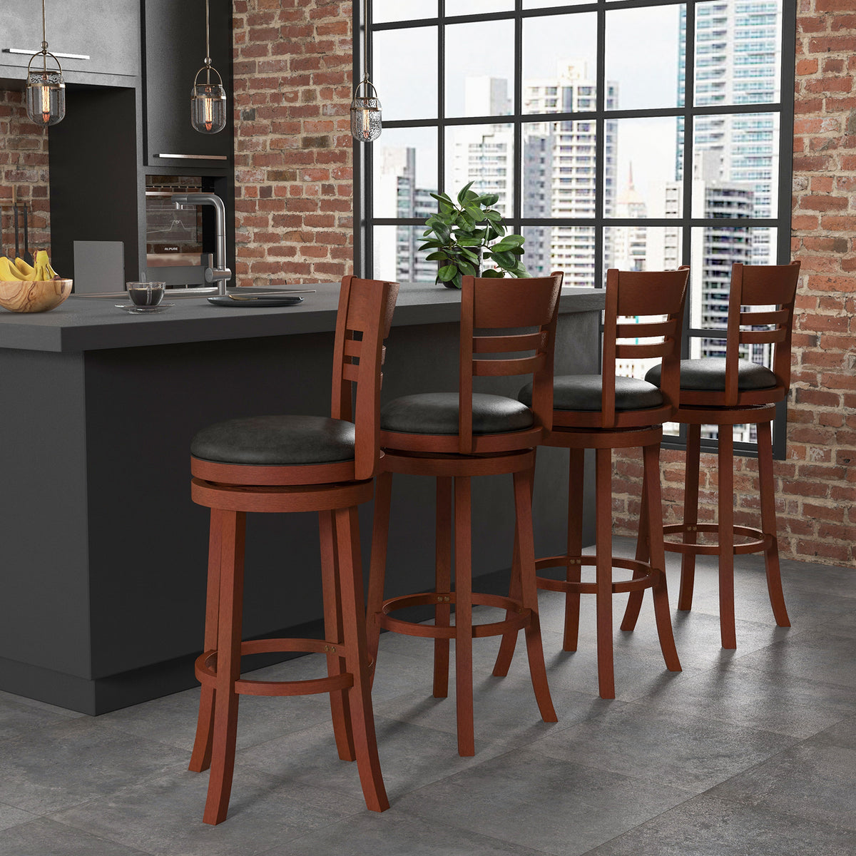 Set of 2 360° Bar Stools with PU Upholstered Seats - Brown