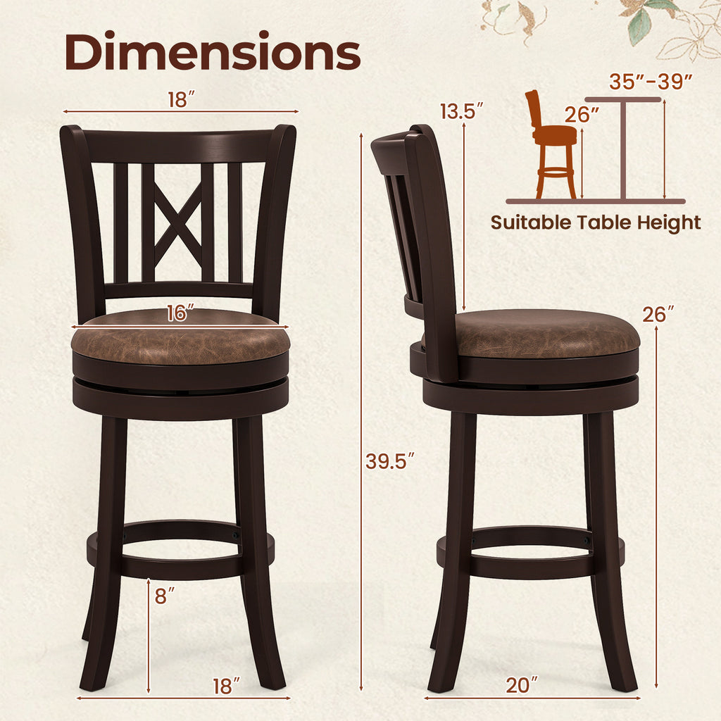Set of 2 Swivel Bar Stools with Footrest, 26 Inch