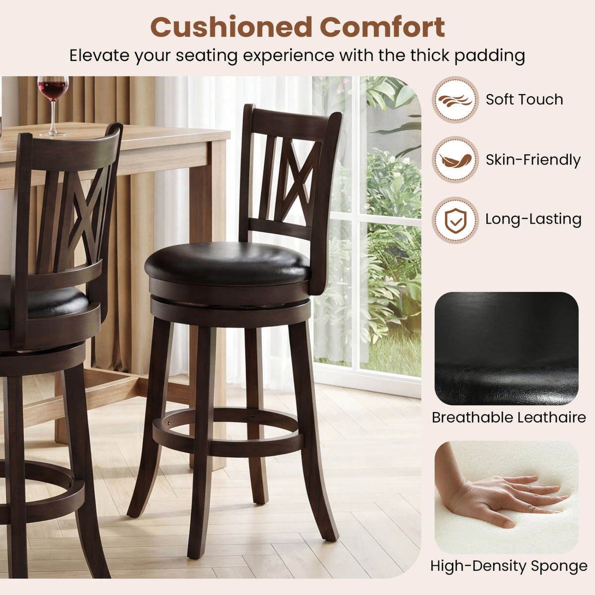 Set of 2 Bar Stools Swivel Chairs 26" with Footrest