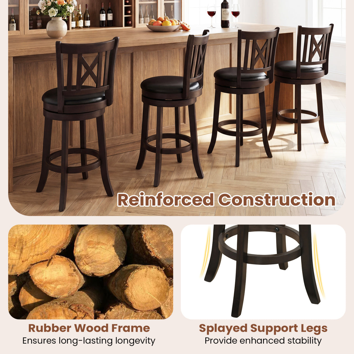 Set of 2 Bar Stools Swivel Chairs 26" with Footrest