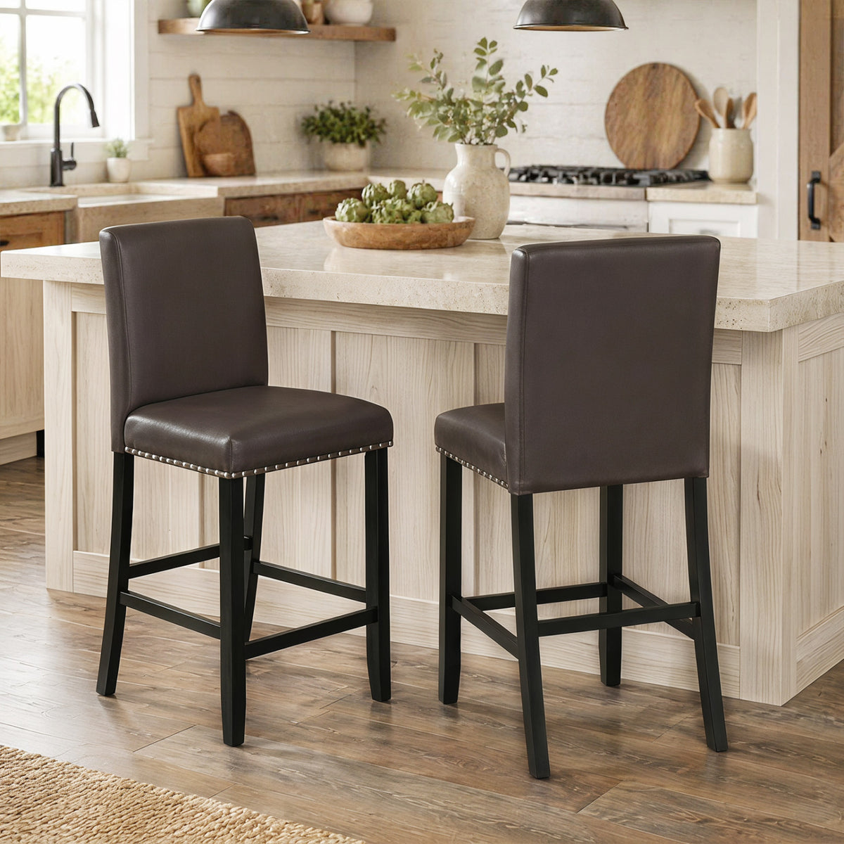 Bar Stools with Back for Kitchen Island, Set of 2 - Brown