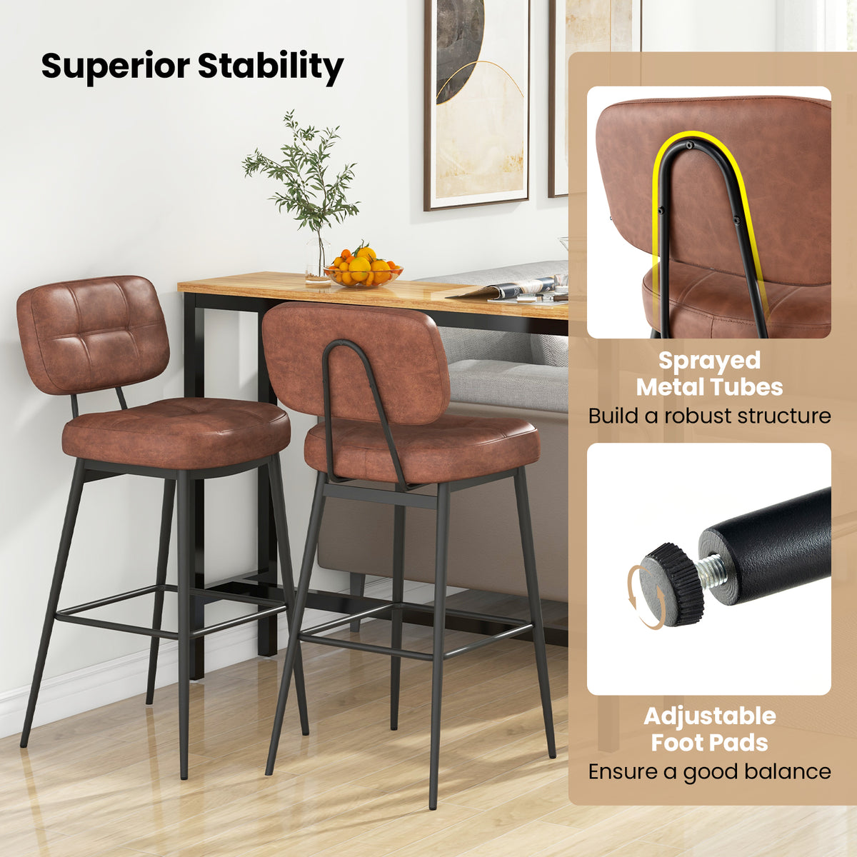 Set of 2 Bar Stools with Padded Seat and Footrest - Brown